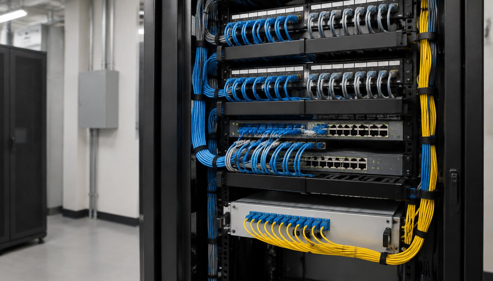 Professional structured cabling installation with organised patch panels, network switches, fibre and cable management.