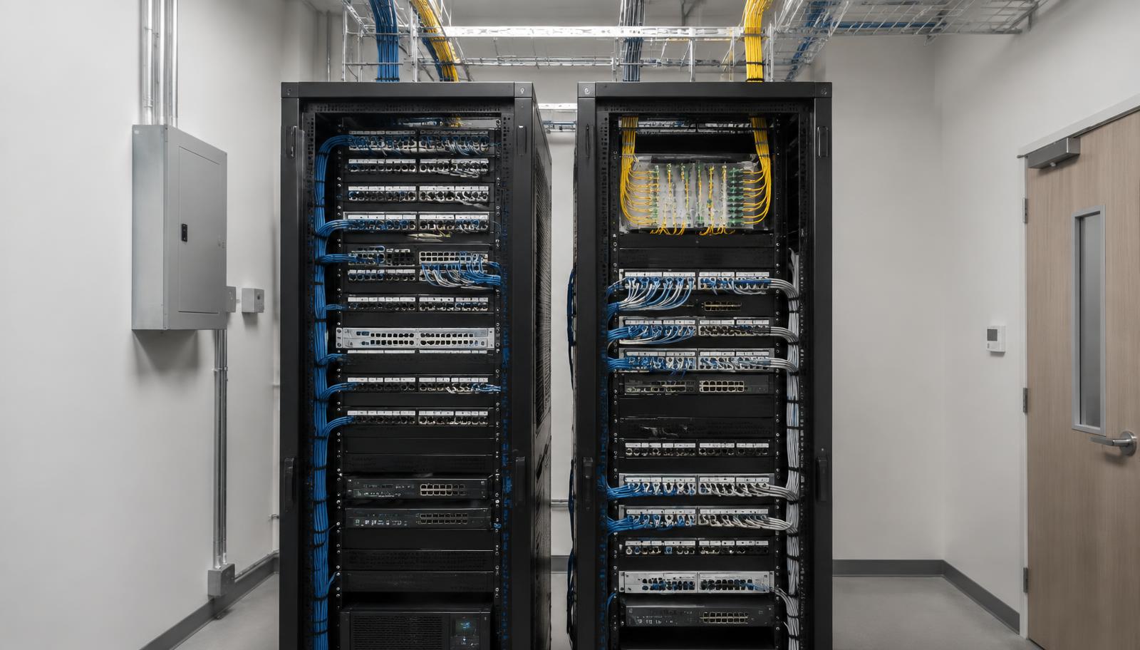 Professional enterprise communications room with organised switches, patch panels, fibre and structured cabling.